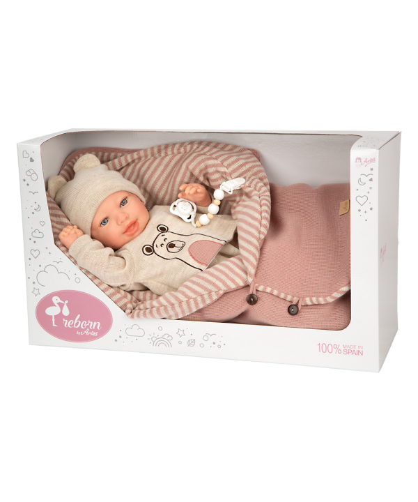 Arias Reborn lėlė kūdikėlis su smėlio spalvos rūbeliais, 45 cm