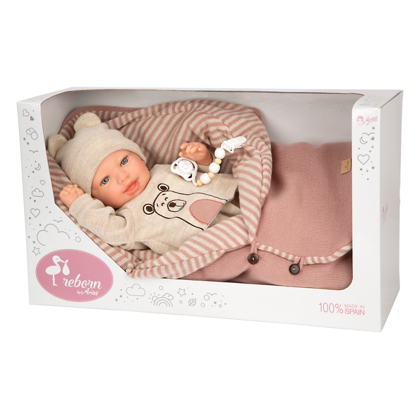 Arias Reborn lėlė kūdikėlis su smėlio spalvos rūbeliais, 45 cm