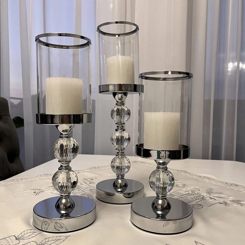 Stiklinių žvakidžių rinkinys (3 vnt.), sidabrinės spalvos žvakidės