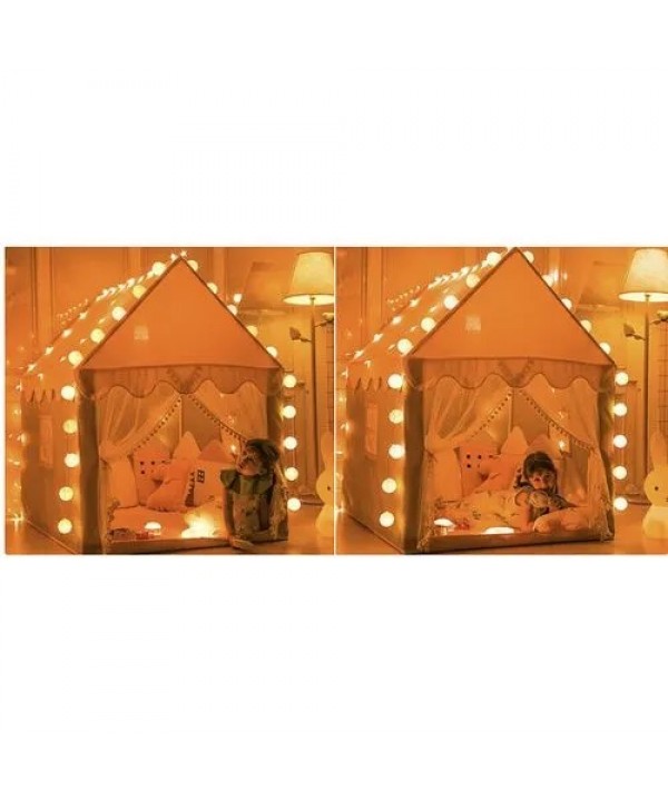 Vaikų žaidimų palapinė-namelis su LED šviesos girlianda, rožinė / pilka / balta, 130 x 100 x 120 cm