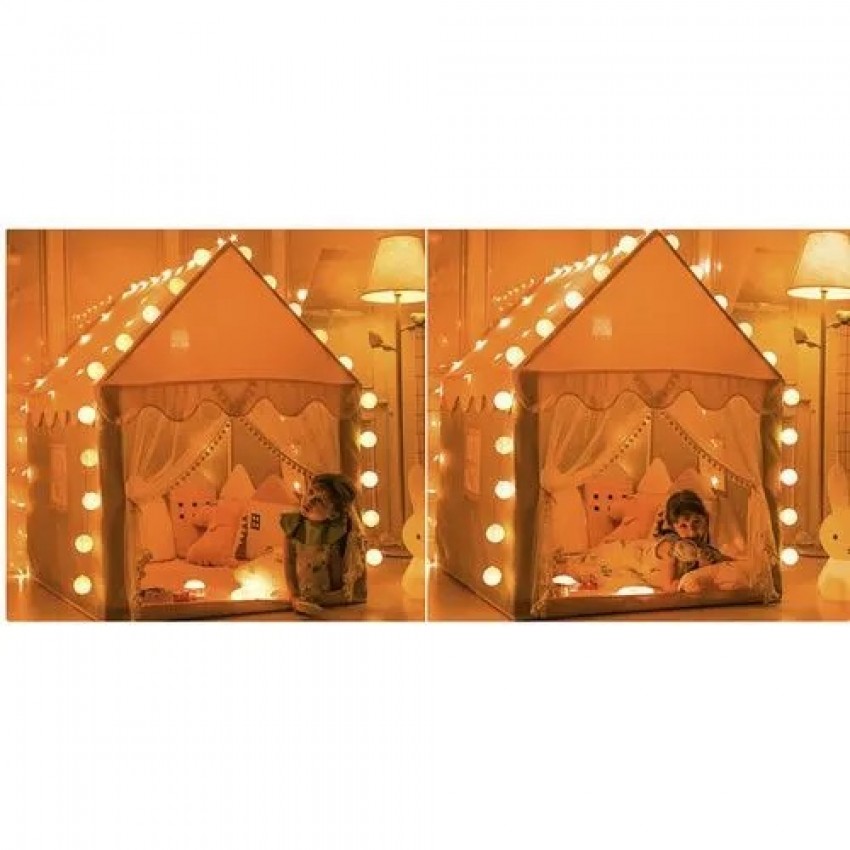 Vaikų žaidimų palapinė-namelis su LED šviesos girlianda, rožinė / pilka / balta, 130 x 100 x 120 cm