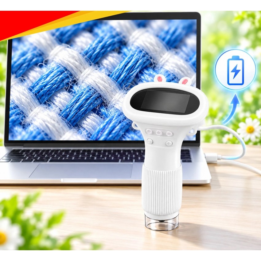 Spalvotas vaikiškas mikroskopas su 5,08 cm IPS ekranu ir reguliuojamu LED apšvietimu.