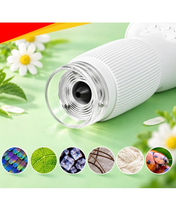 Spalvotas vaikiškas mikroskopas su 5,08 cm IPS ekranu ir reguliuojamu LED apšvietimu.