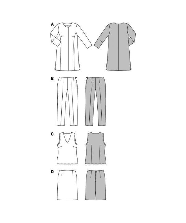 Klasikinio Kostiumėlio iškarpa: švarkelis, kelnės, palaidinė ir sijonas Nr. 7075