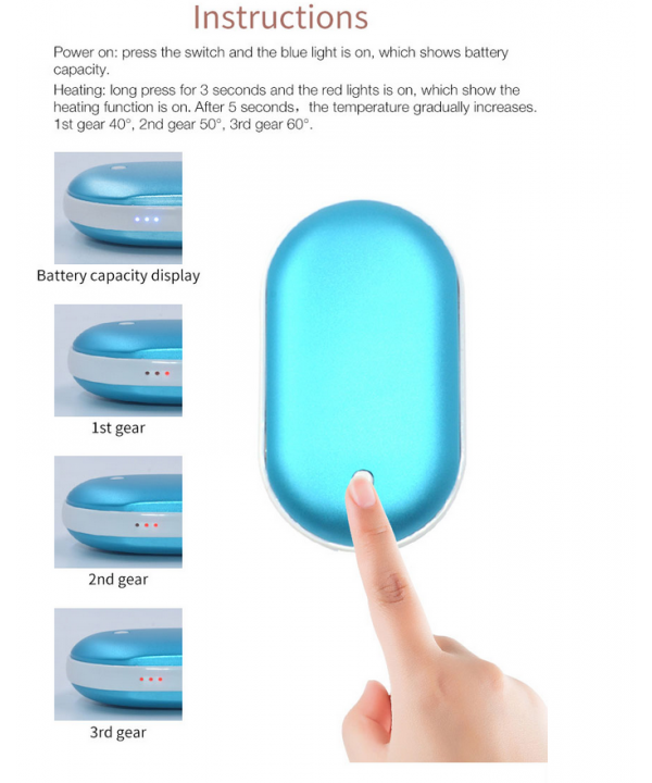 Nešiojamas rankų šildytuvas, Powerbank 10000mAh (BLUE)