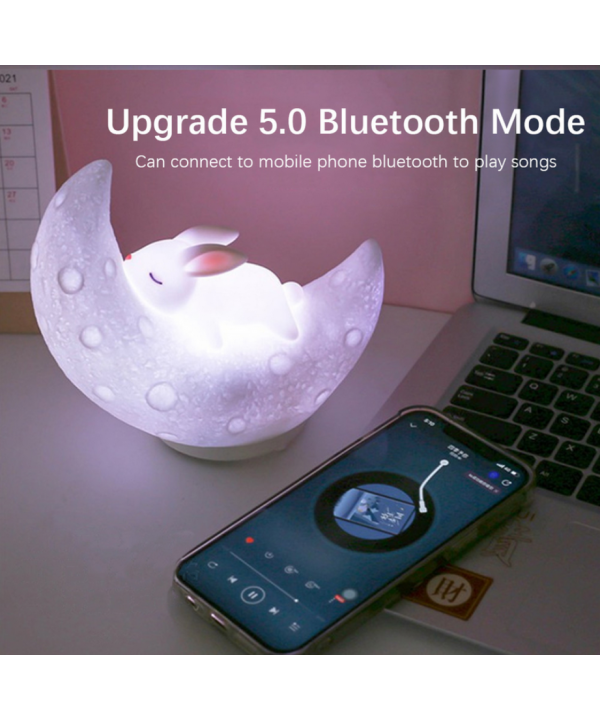 Įkraunama liečiama LED naktinė lempa vaikams Triušis ant mėnulio su Bluetooth garsiakalbiu