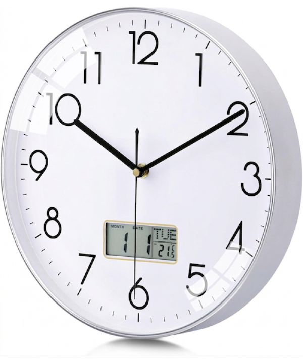 Netiksintis sieninis laikrodis su tyliu mechanizmu, LCD ekranu, su termometru ir kalendoriumi, 30 cm