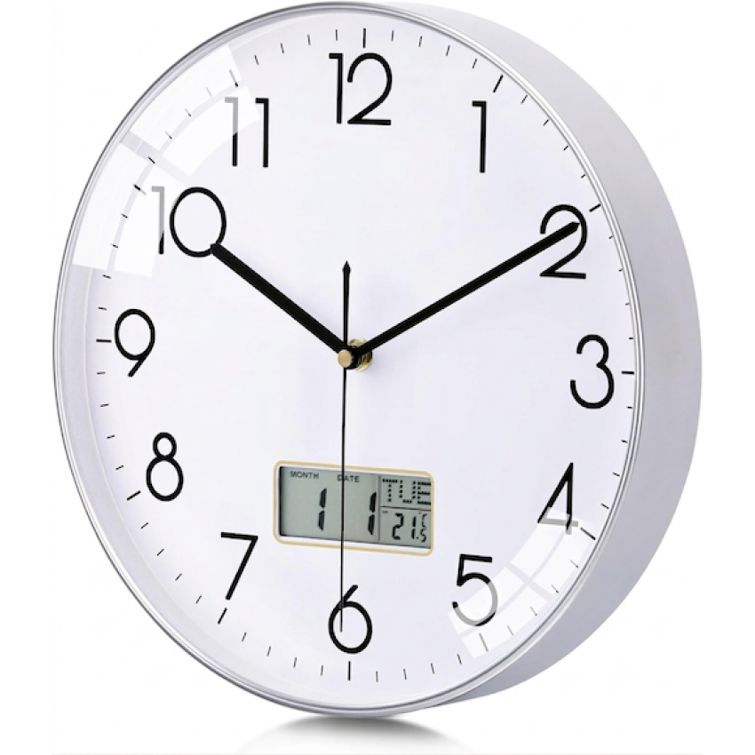 Netiksintis sieninis laikrodis su tyliu mechanizmu, LCD ekranu, su termometru ir kalendoriumi, 30 cm