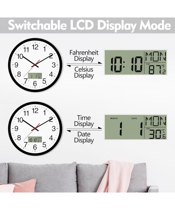 Netiksintis sieninis laikrodis su tyliu mechanizmu, LCD ekranu, su termometru ir kalendoriumi, 30 cm