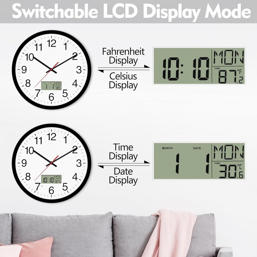 Netiksintis sieninis laikrodis su tyliu mechanizmu, LCD ekranu, su termometru ir kalendoriumi, 30 cm
